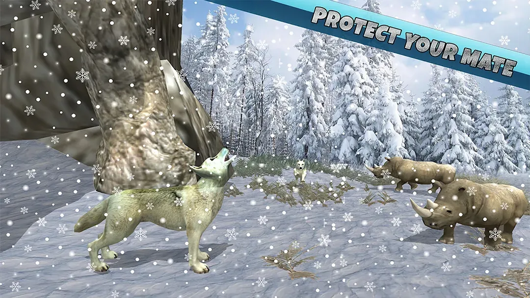 A wolf howling during a blizzard among snow-covered fir trees, with other wolves standing nearby